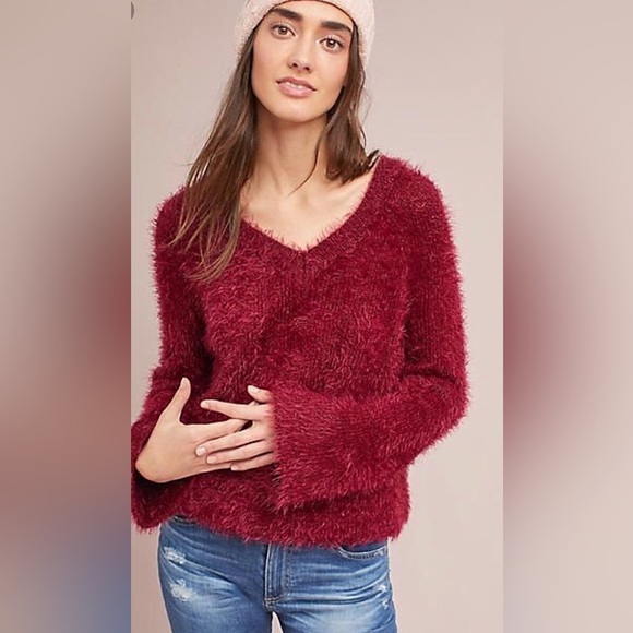 Anthropologie Maeve v-neck eyelash sweater medium petite MP pink red burgundy - Picture 1 of 14